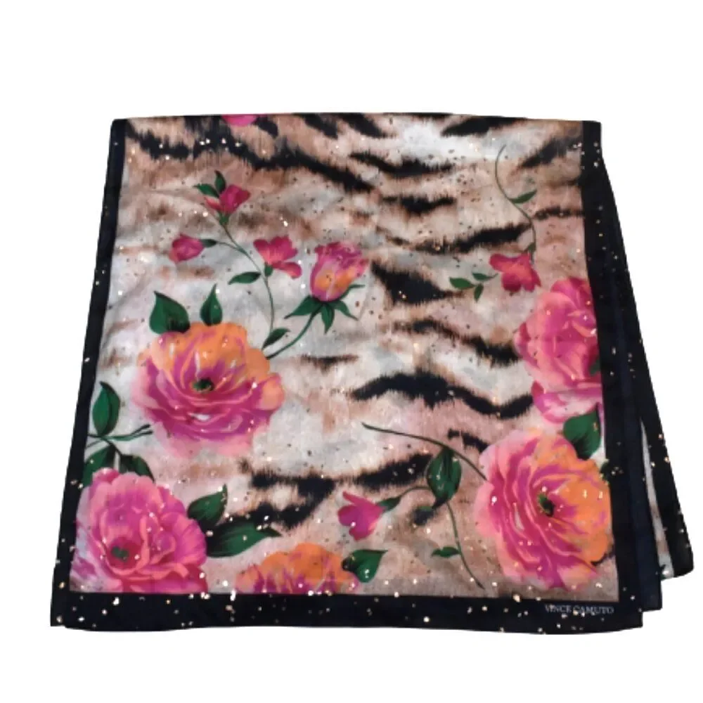 Vince Camuto Floral Animal Print Sparkly Sheer Scarf Wrap Pink Black Beige